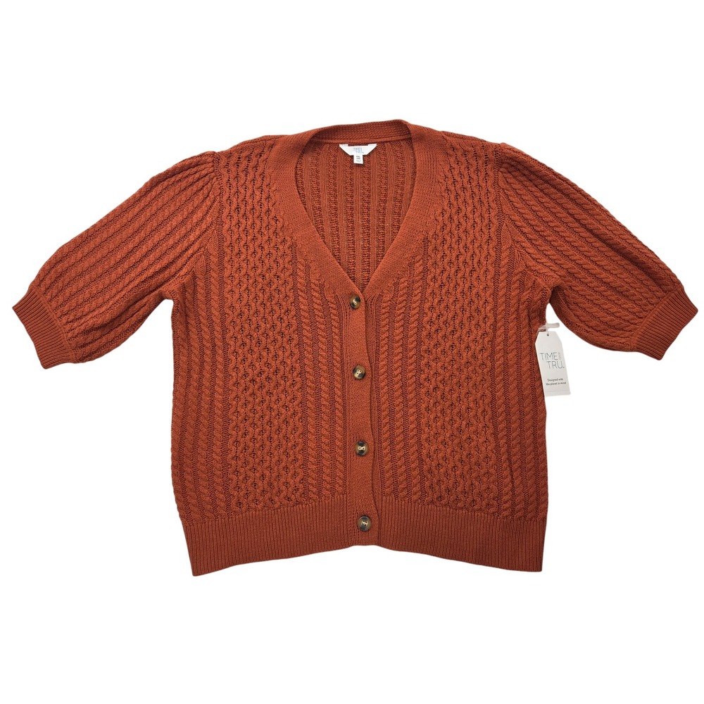 NWT Short Sleeve Brown Cable Knit Woven Button Down Cardigan Women Sweater XXL